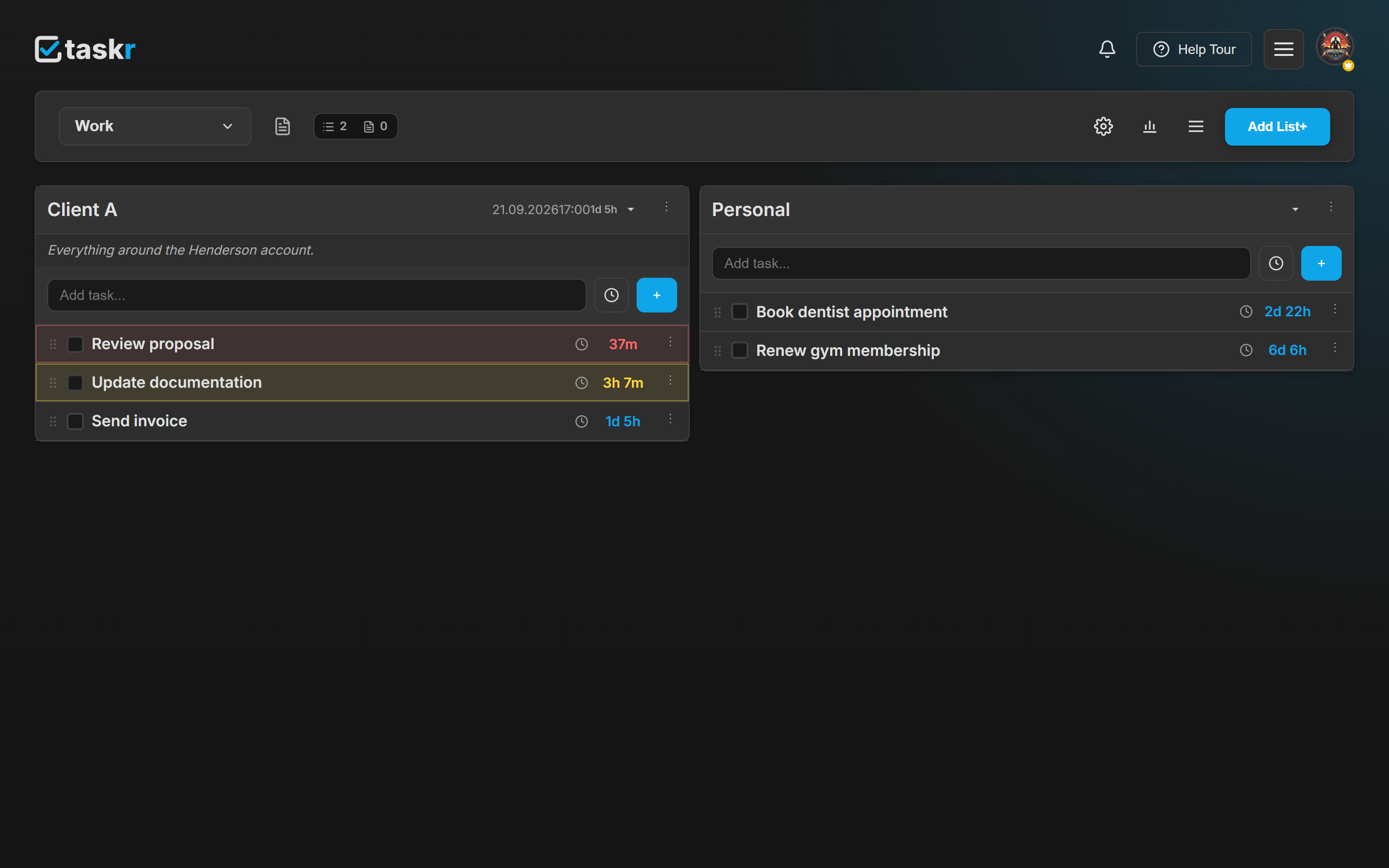 The Taskr board with the Work workspace open, showing two lists: Client A and Personal.