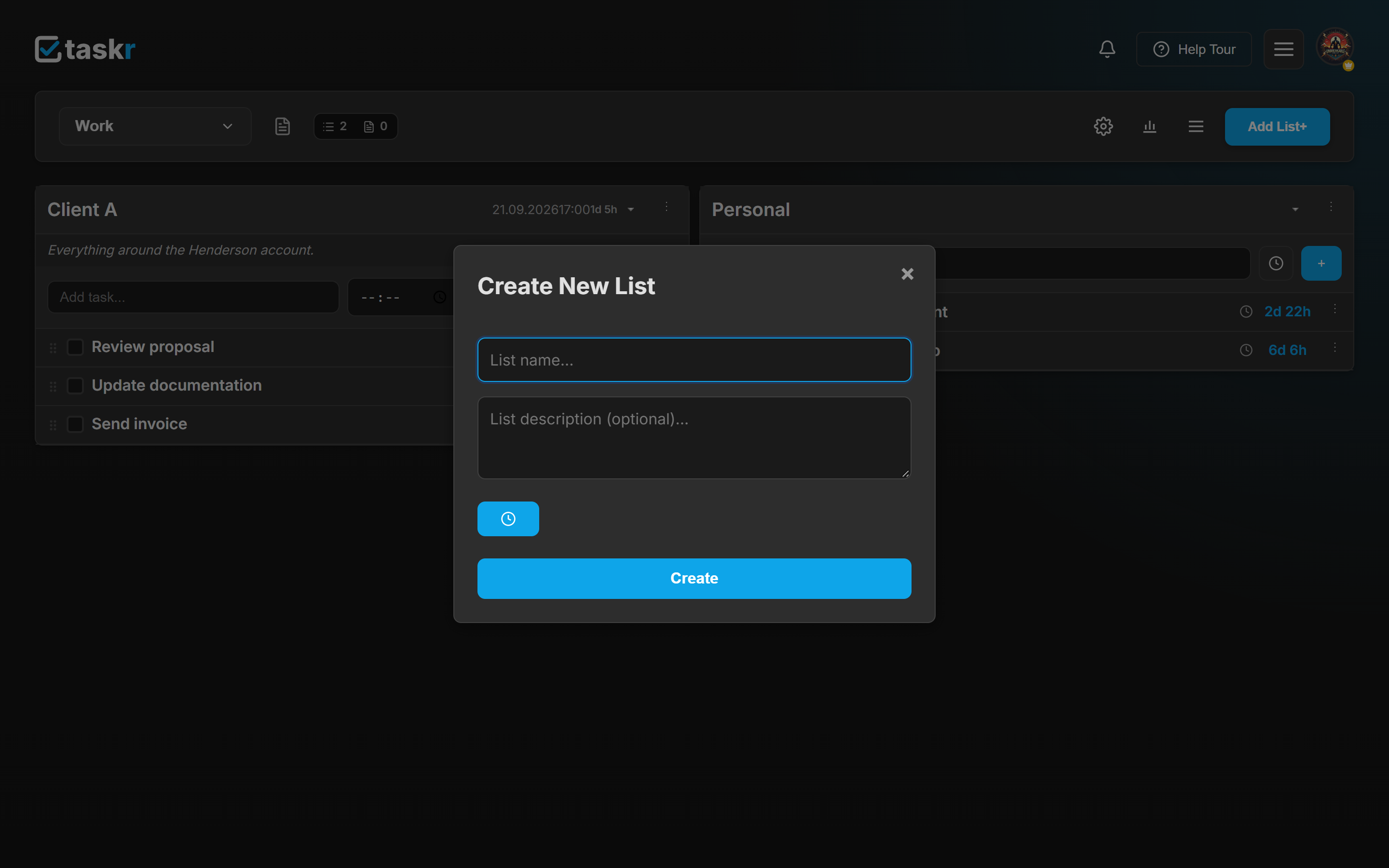 The Create New List dialog with an empty name field.