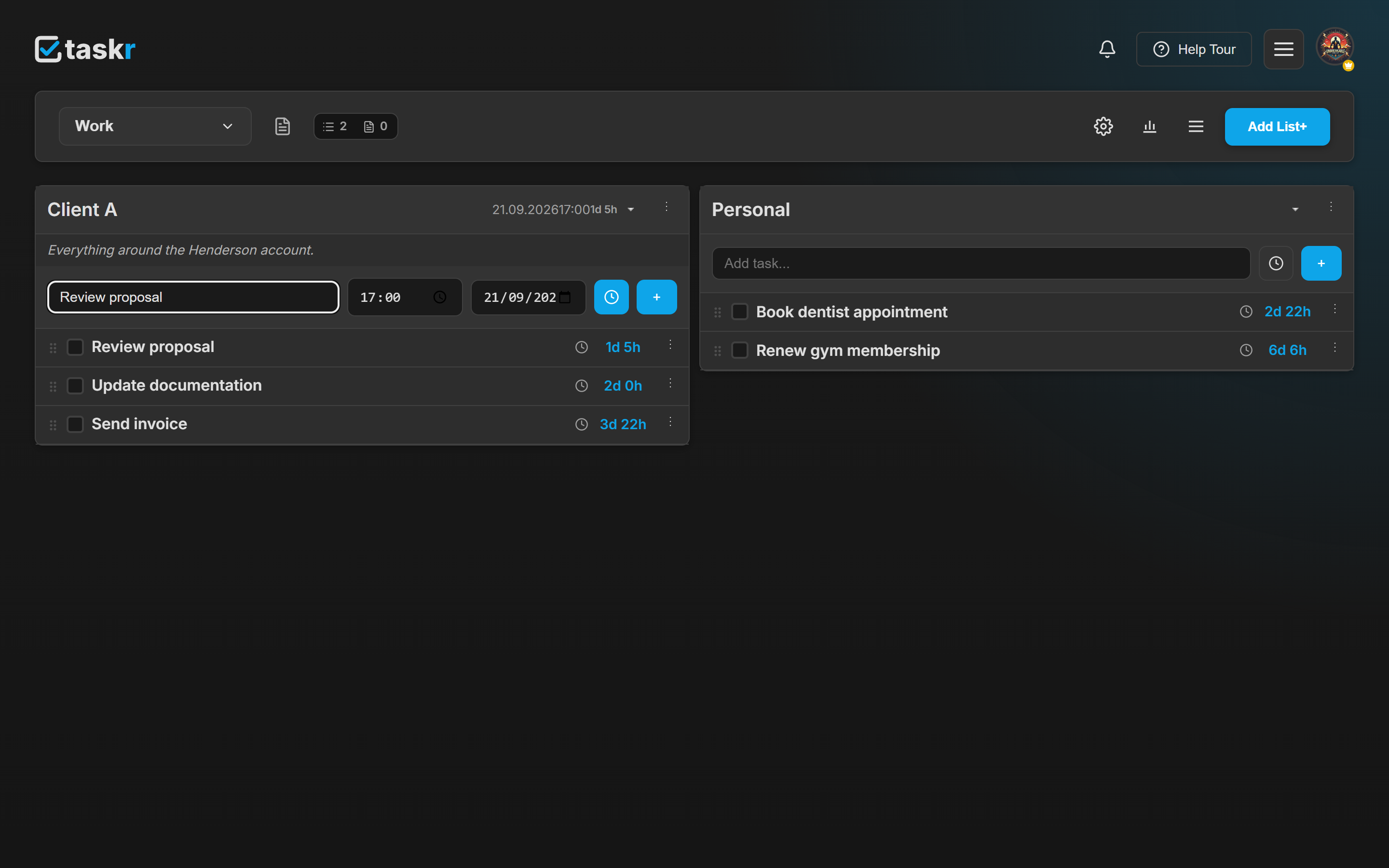 The Add time & date control on the new task row, with 21/09/2026 and 17:00 filled in.