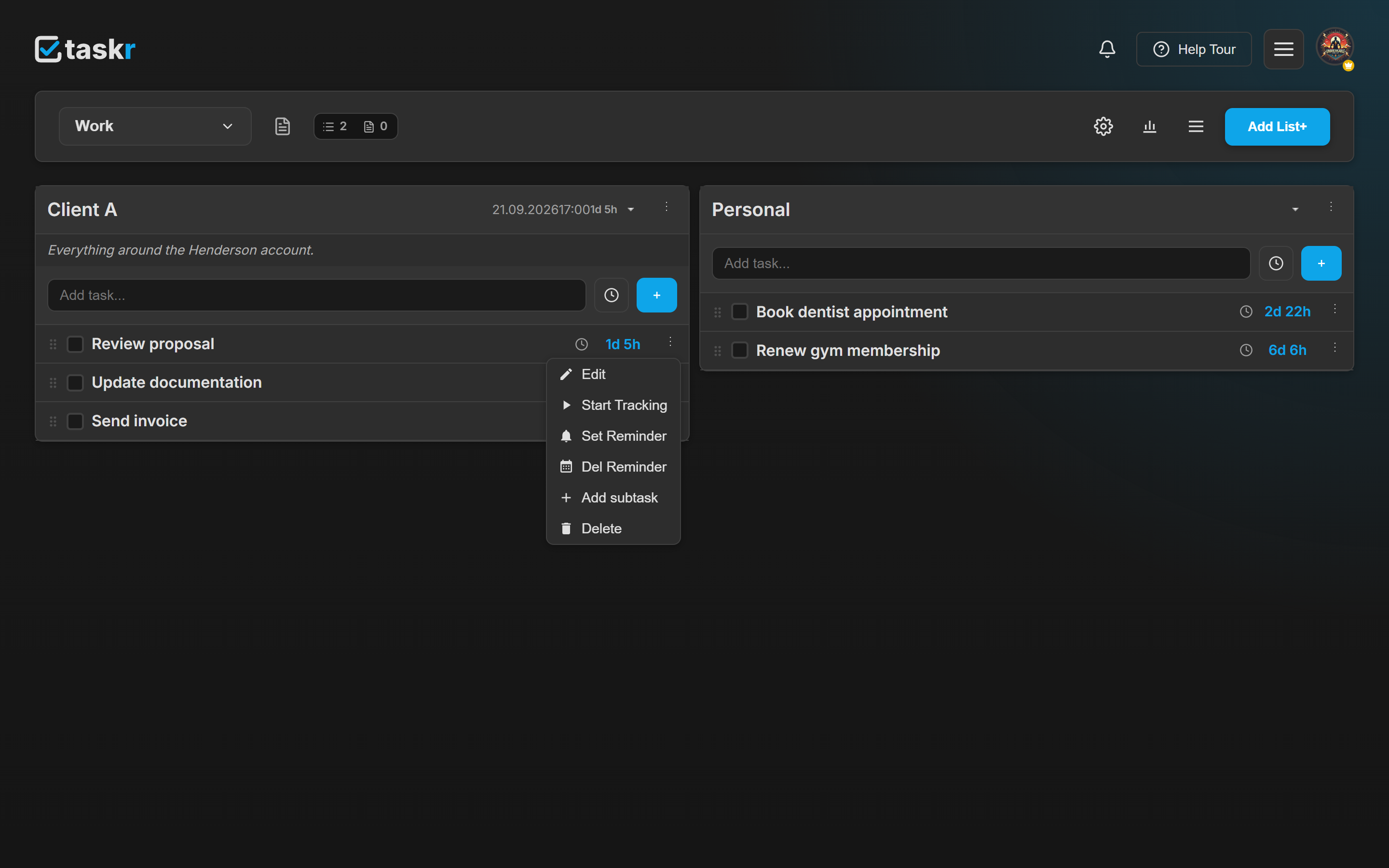 The task menu open on a task, listing Edit, Start Tracking, Set Reminder, Del Reminder, Add subtask and Delete.