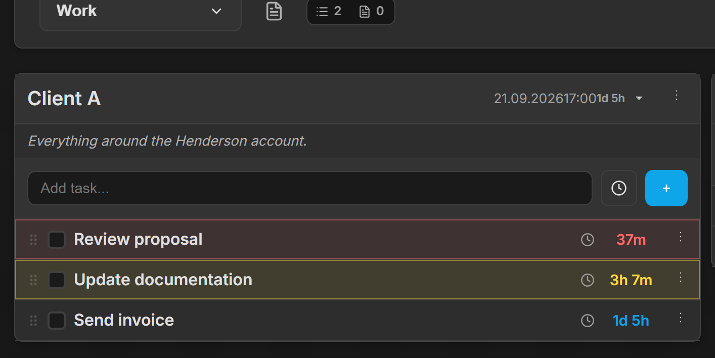 Client A with three countdowns at once: Review proposal in red at 37m, Update documentation in orange at 3h 7m, Send invoice in the normal colour at 1d 5h.