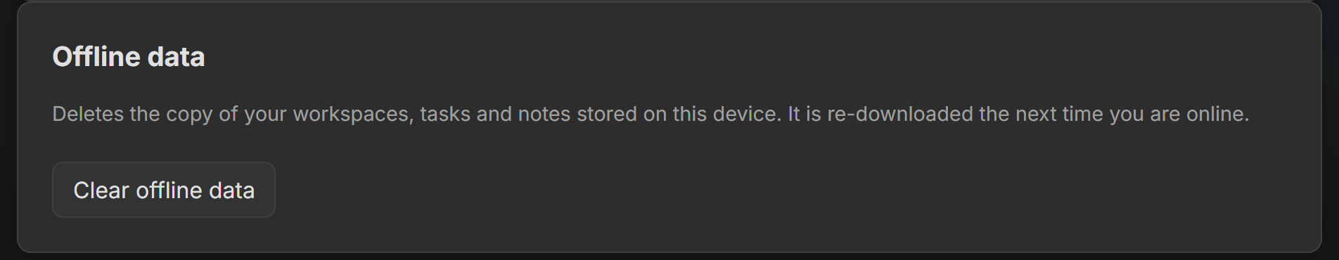 The Offline data card in Settings with its explanation and the Clear offline data button.