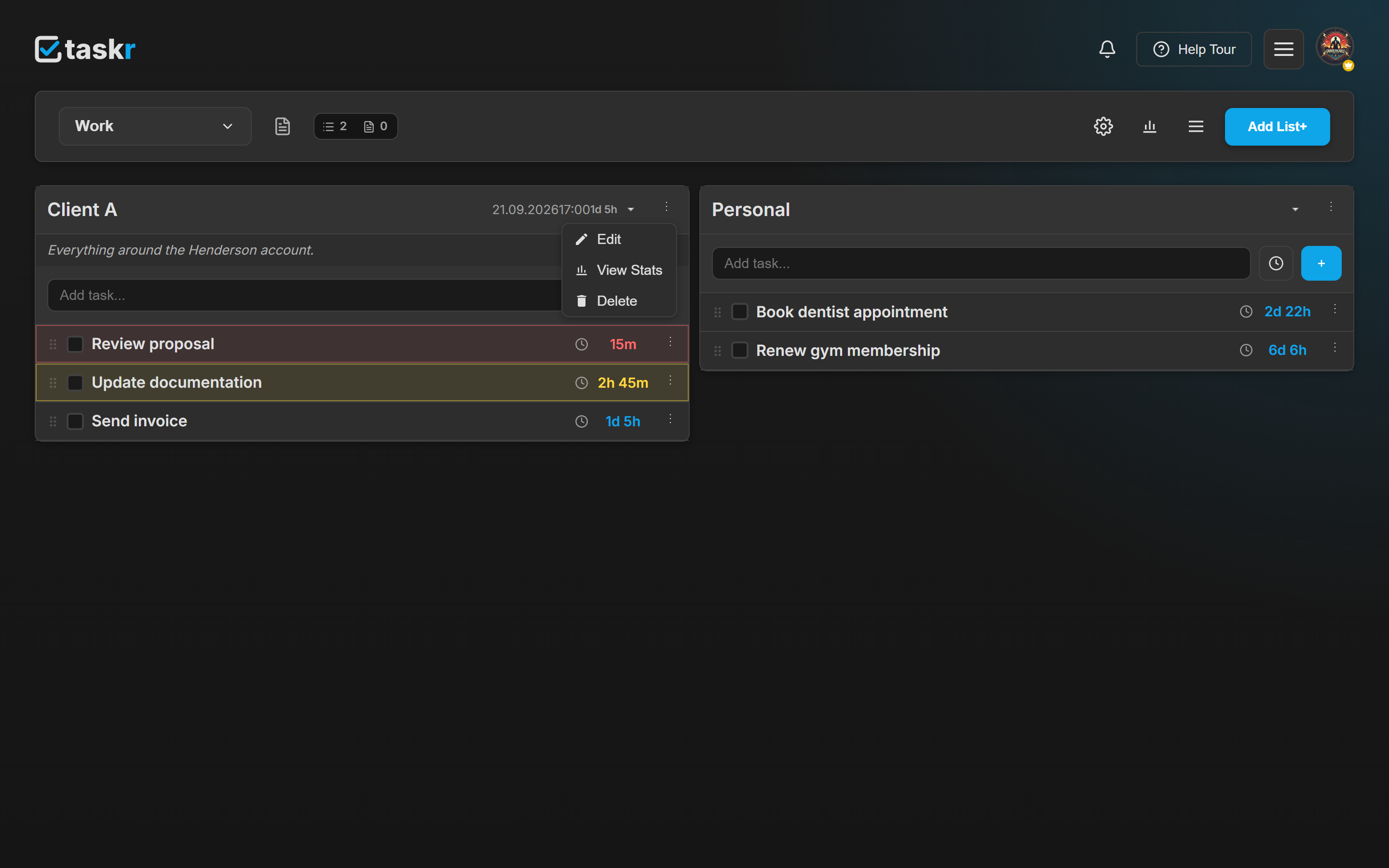 The Client A list menu open on the board, offering Edit, View Stats and Delete.