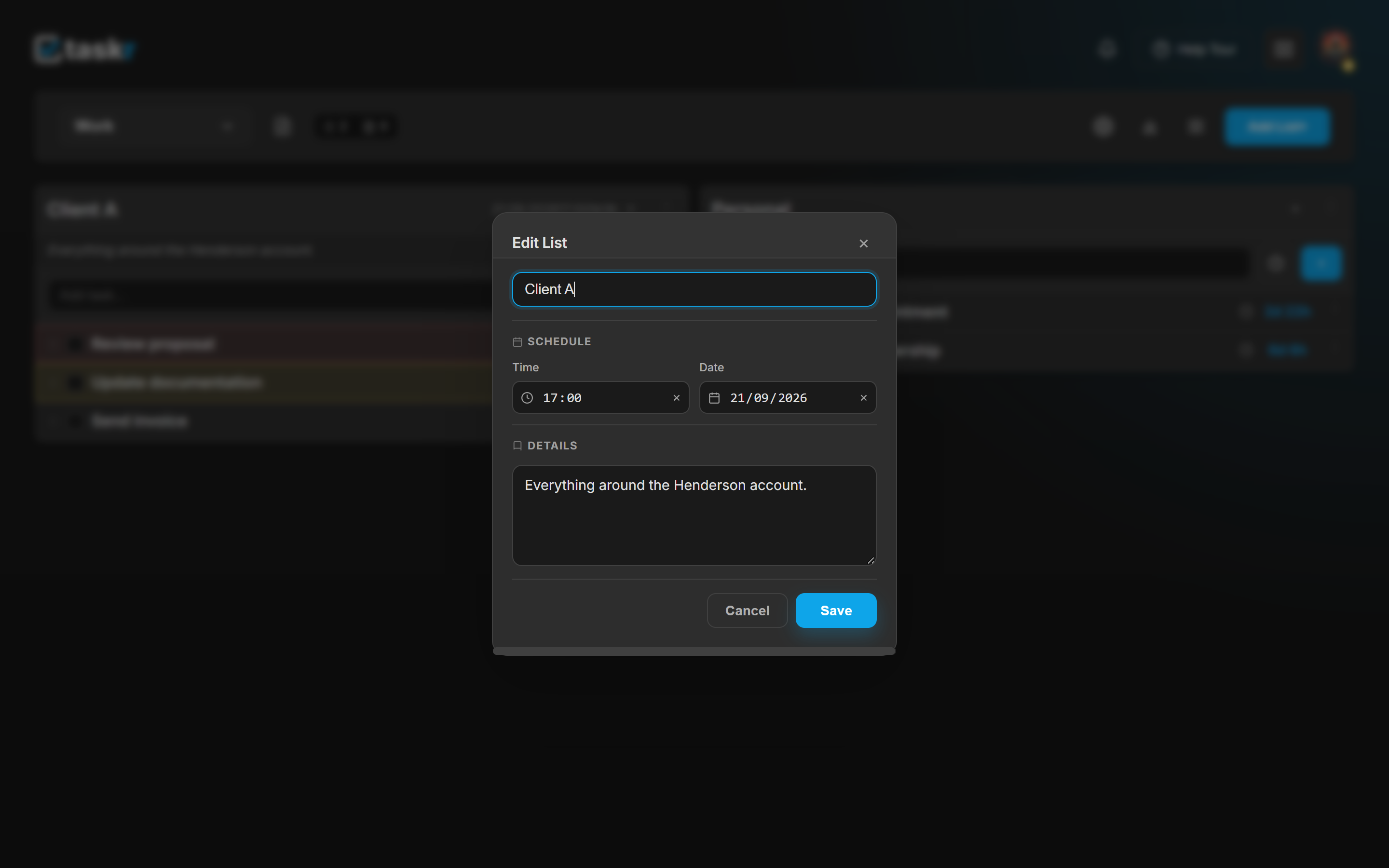 The Edit List dialog for Client A with the SCHEDULE section filled in: Time 17:00 and Date 21/09/2026.
