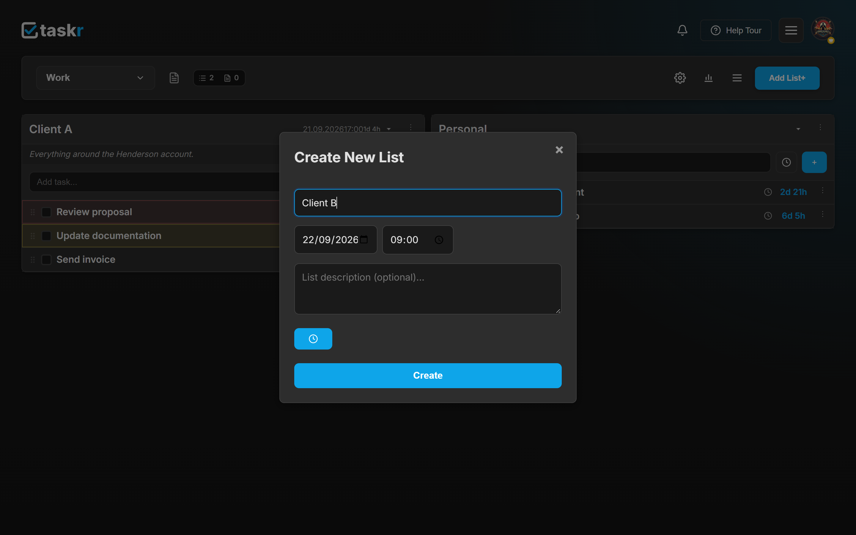 The Create New List dialog with Client B typed in, the Date and Time fields revealed, and 22/09/2026 at 09:00 filled in.
