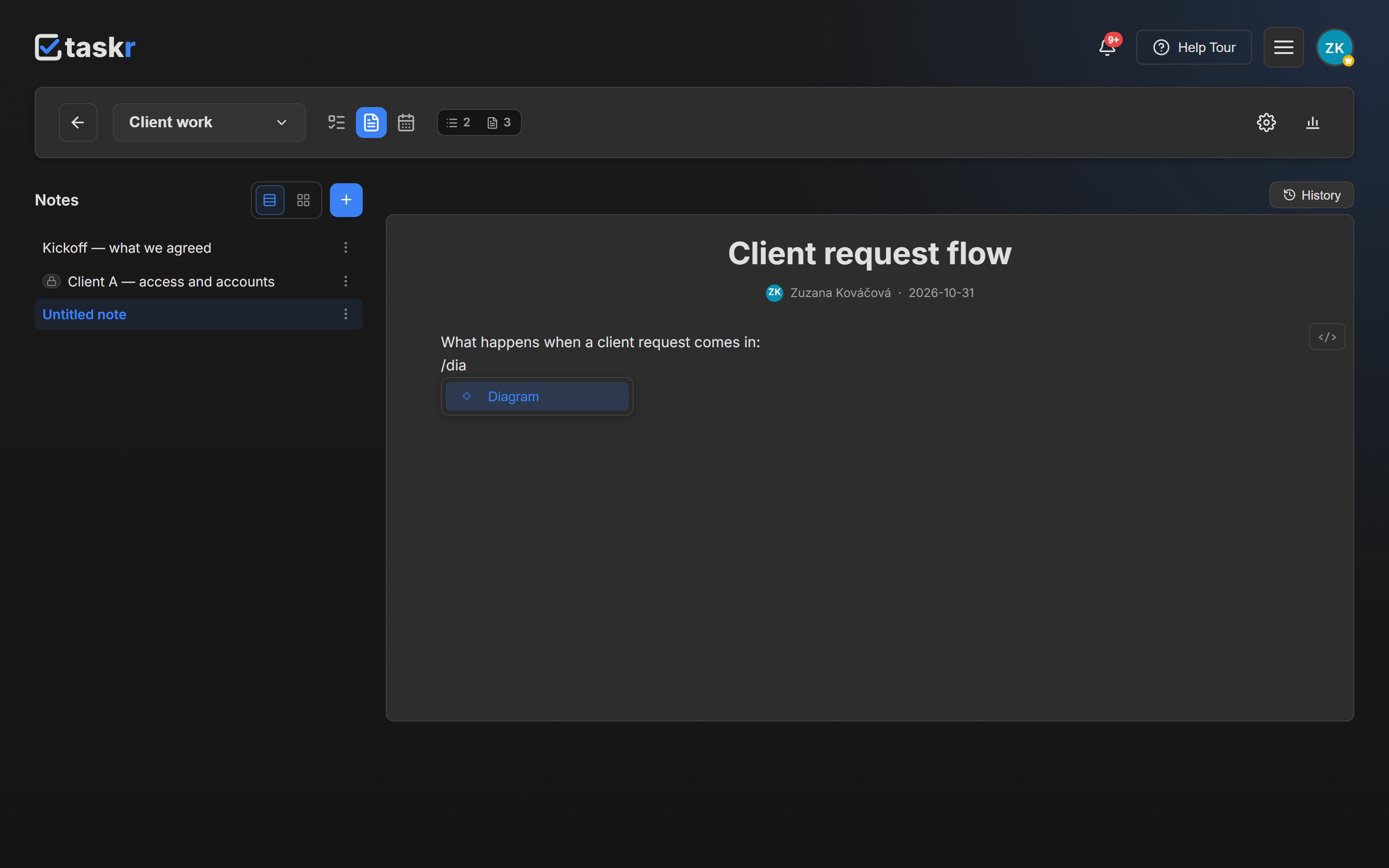 A Taskr note called Client request flow with /dia typed in the body and the slash menu showing one item, Diagram.