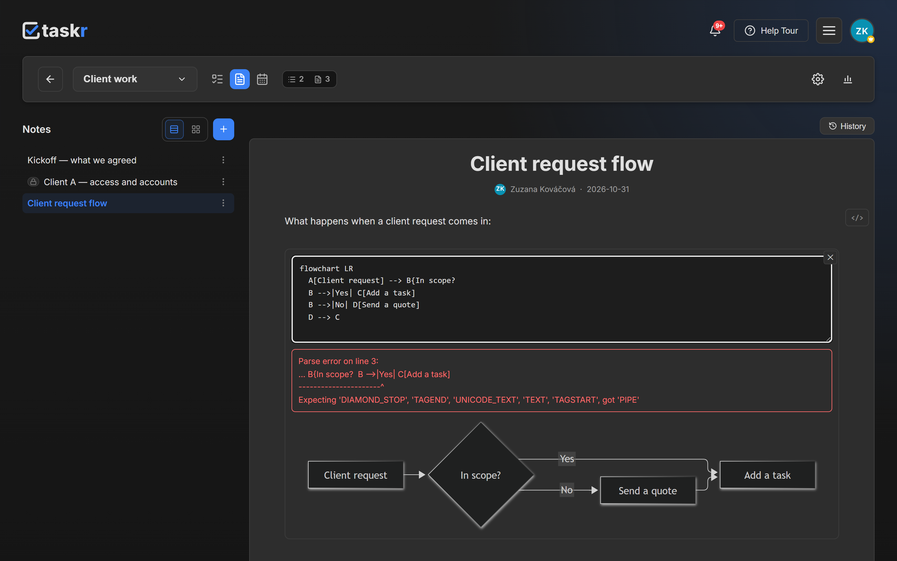 The diagram block with a red parse error naming line 3, above the last working version of the flowchart.