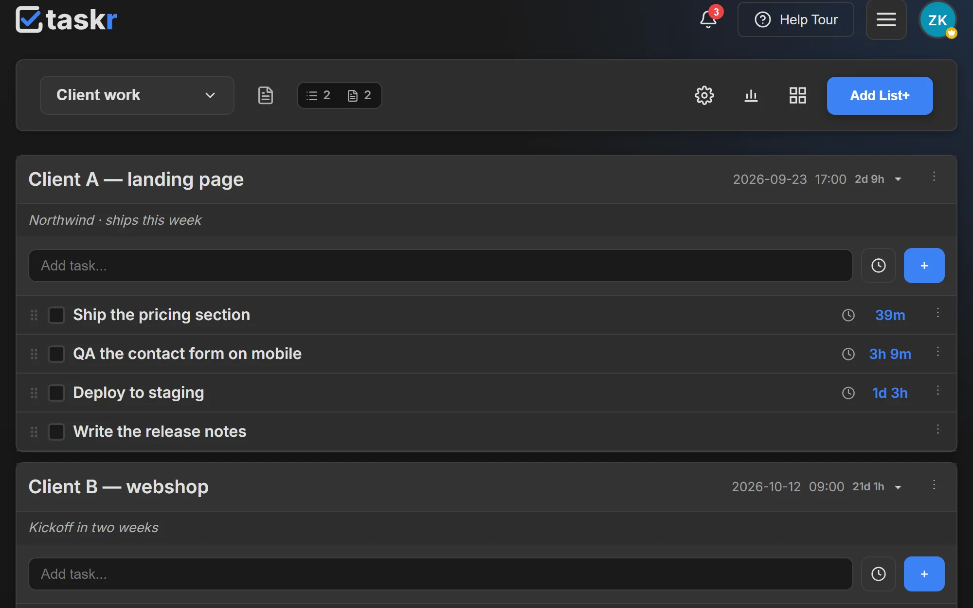 Taskr board in the Client work workspace: the “Client A — landing page” list carries a deadline of its own, and three tasks count down beneath it in minutes, hours and days — “Ship the pricing section” the closest, then “QA the contact form on mobile” and “Deploy to staging” — above the “Client B — webshop” list.
