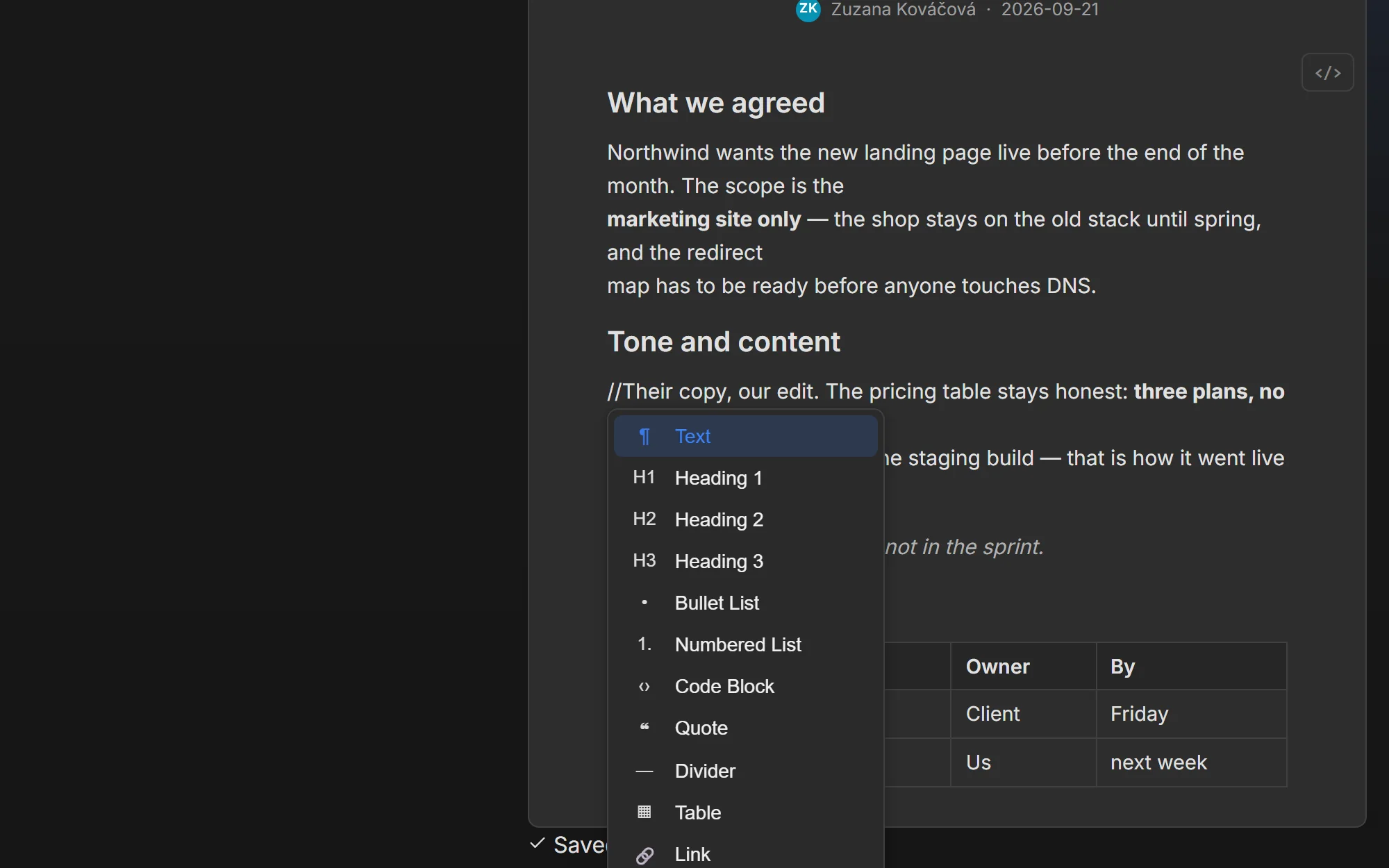 A markdown note, “What we agreed”, open in Taskr with a table in the body and the slash menu listing the block types — headings, lists, code block, quote, table, link, image.