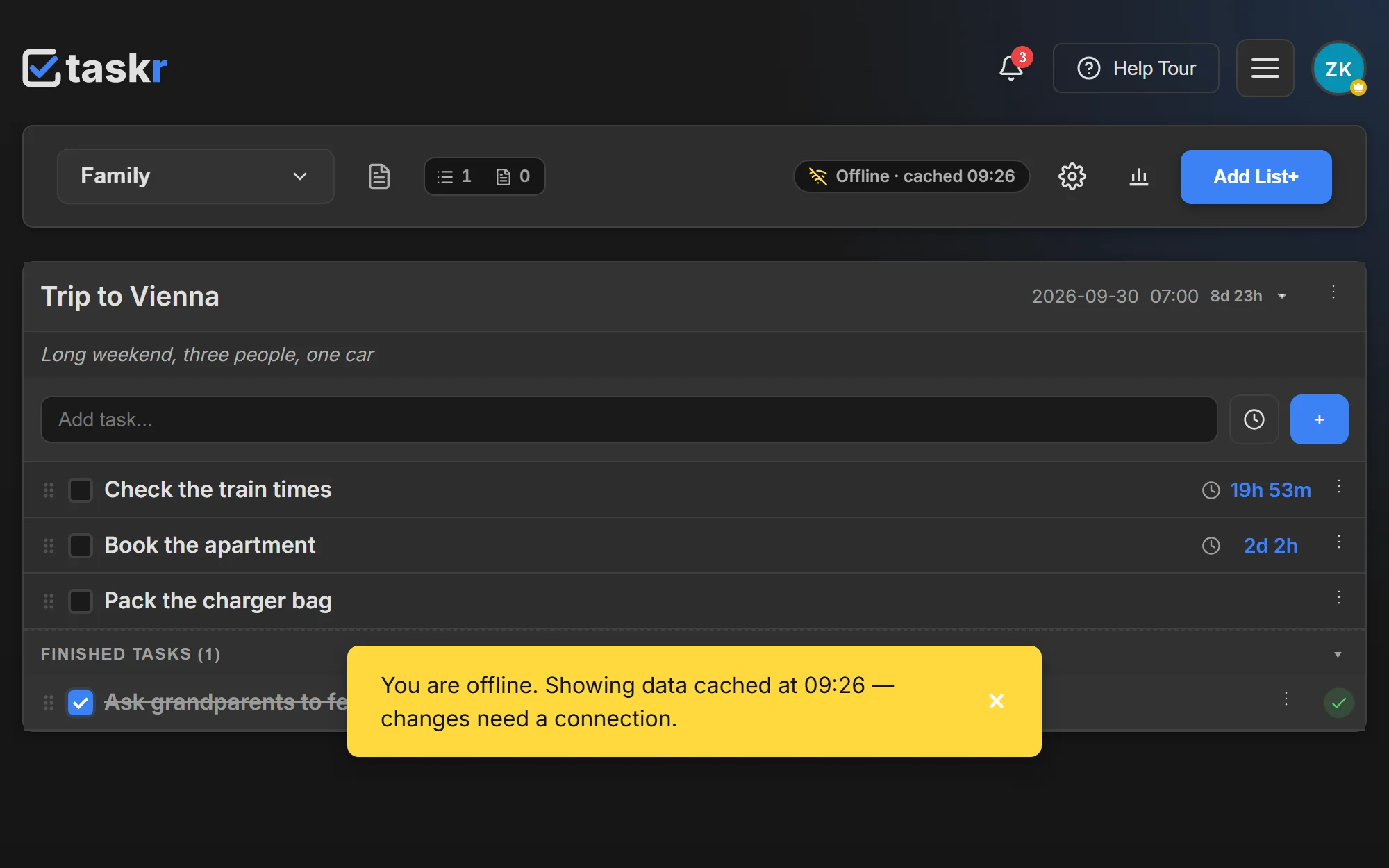 Taskr in the Family workspace, offline: the toolbar and a banner say the board is showing cached data from the last sync, and the “Trip to Vienna” list stays readable underneath.
