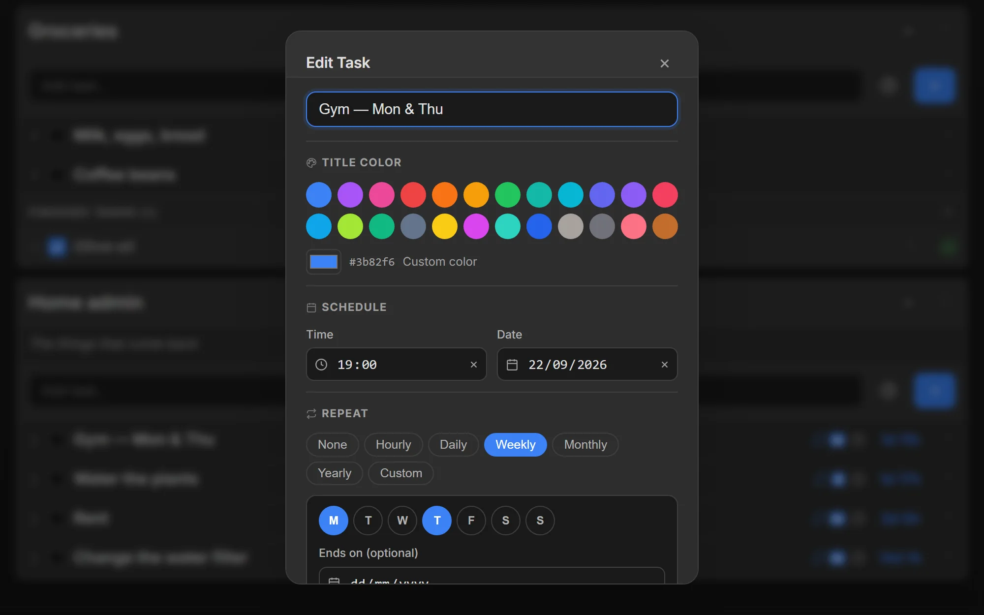 The Edit Task dialog in Taskr open on the recurring “Gym — Mon & Thu” task, with the repeat rule set to Weekly and Monday and Thursday ticked, above an optional end date.