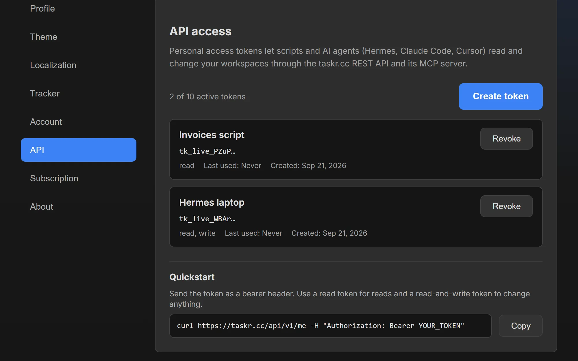 The API tab of Taskr settings: two personal access tokens listed by name and scope — one read-only, one read-and-write — above a Quickstart sample calling the API with a bearer token.