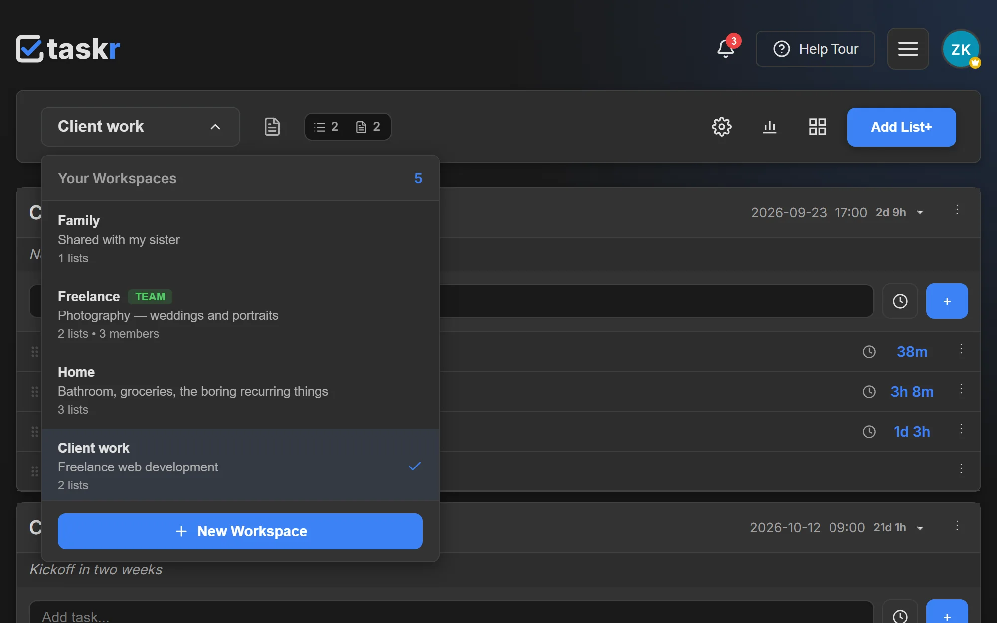 The Taskr workspace switcher open over the board, listing “Family”, “Freelance”, “Home” and “Client work” with their list counts, the current workspace marked.